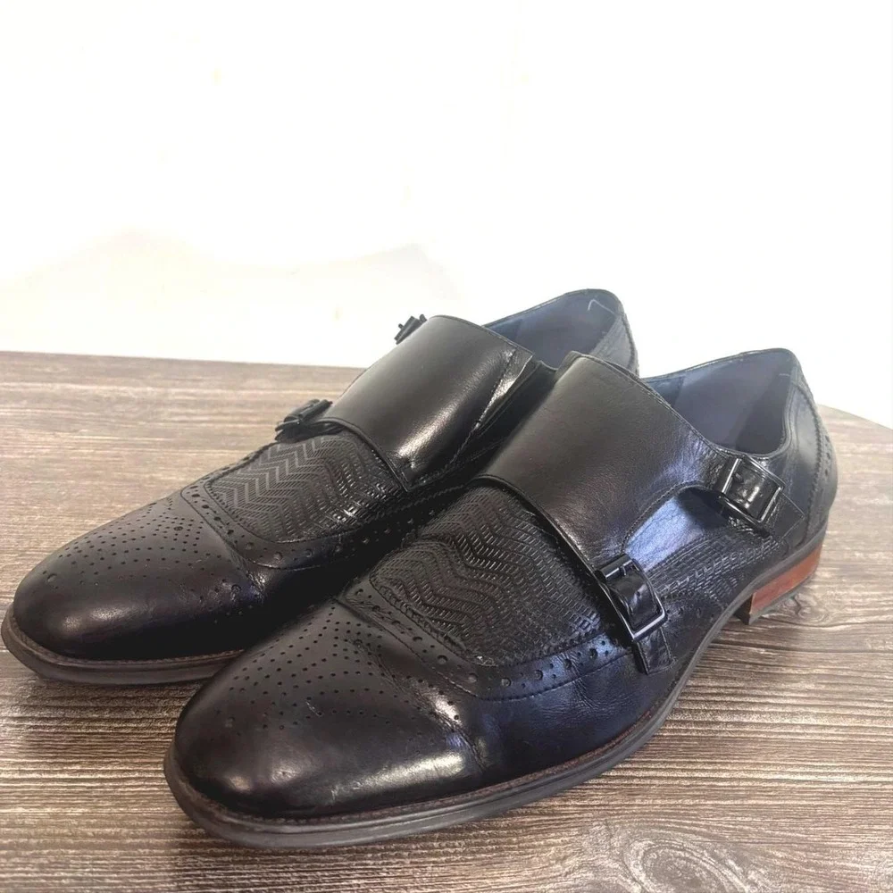 Stacy Adams Shoes Mens Size 10 Black Leather Monk Strap Wingtip Dress 25239-001